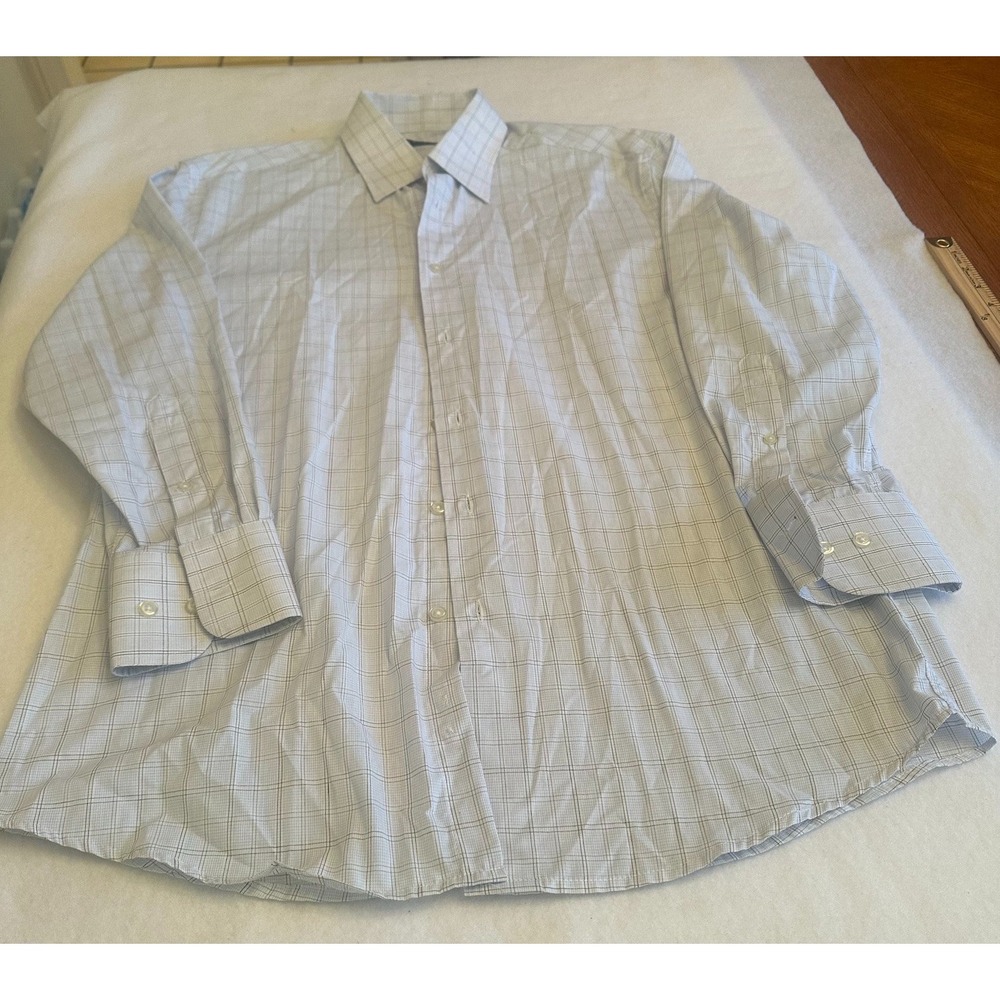 Andrew Fezza Mens Dress Shirt 15.5 32 33 Plaid Light Blue Long Sleeve Button Up